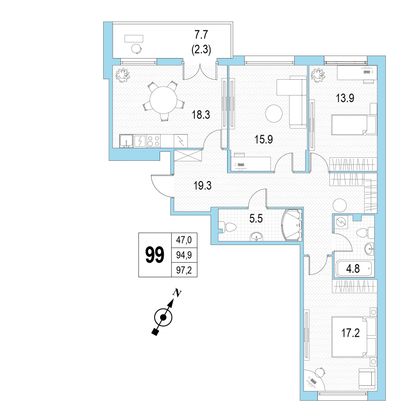 Продажа 3-комнатной квартиры 97,2 м², 2/4 этаж
