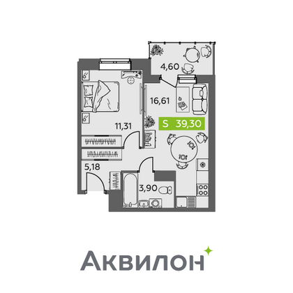 39,3 м², 1-комн. квартира, 4/9 этаж