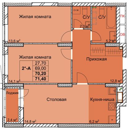 Продажа 2-комнатной квартиры 70,2 м², 2/18 этаж