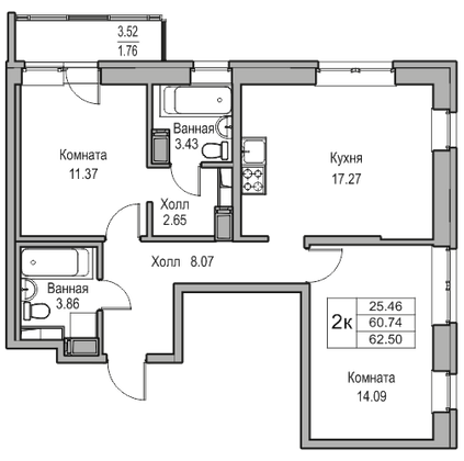 Продажа 2-комнатной квартиры 60,7 м², 18/23 этаж