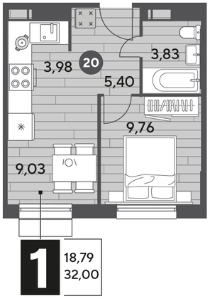 Продажа 1-комнатной квартиры 32 м², 4/9 этаж