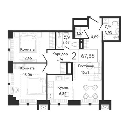 67,8 м², 2-комн. квартира, 2/24 этаж