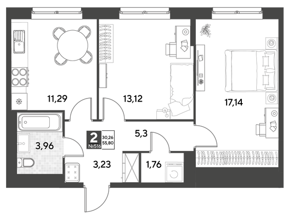 Продажа 2-комнатной квартиры 55,8 м², 18/21 этаж