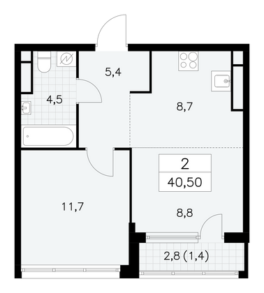 40,5 м², 2-комн. квартира, 29/30 этаж