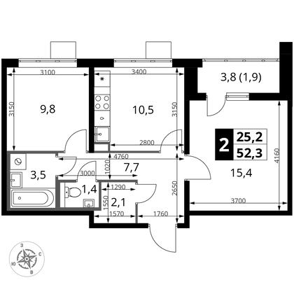 52,3 м², 2-комн. квартира, 6/24 этаж