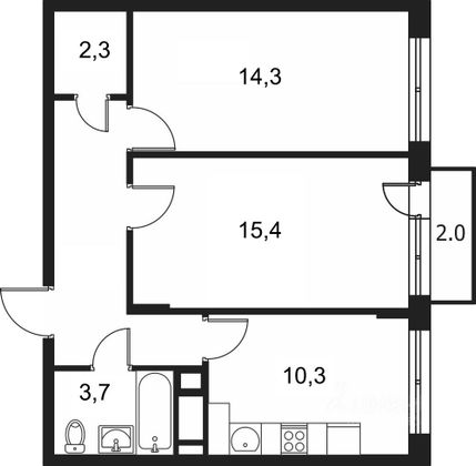 Продажа 2-комнатной квартиры 54,3 м², 4/4 этаж