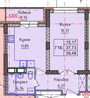 Продажа 1-комнатной квартиры 39,5 м², 7/14 этаж