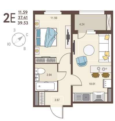 39,5 м², 1-комн. квартира, 2/17 этаж