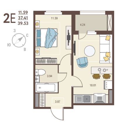 39,5 м², 1-комн. квартира, 14/17 этаж