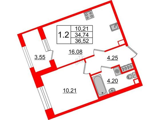 Продажа 1-комнатной квартиры 34,7 м², 2/6 этаж