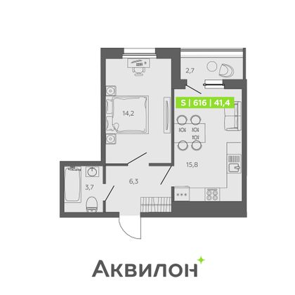 41,4 м², 1-комн. квартира, 1/13 этаж