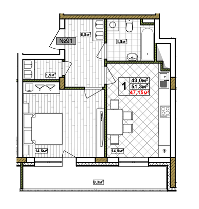 Продажа 1-комнатной квартиры 47,2 м², 14/17 этаж