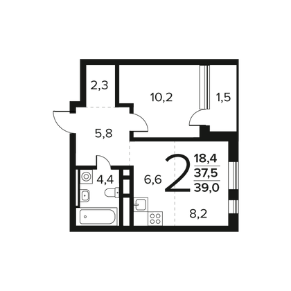 39 м², 2-комн. квартира, 5/12 этаж