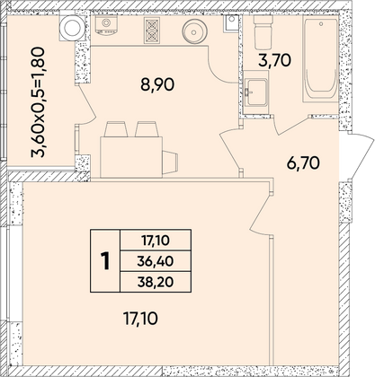 38,2 м², 1-комн. квартира, 1/12 этаж