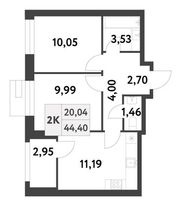 44,4 м², 2-комн. квартира, 2/16 этаж