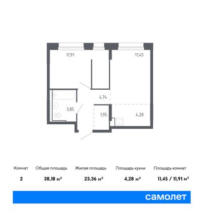 38,2 м², 1-комн. квартира, 11/17 этаж