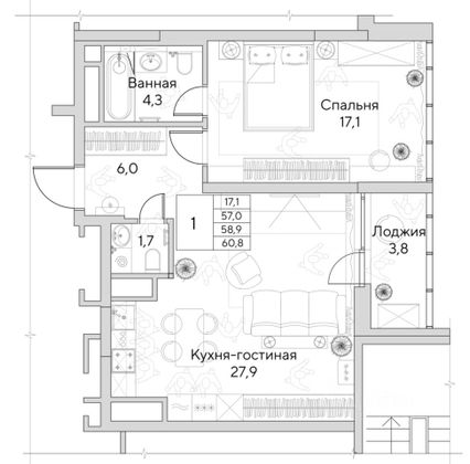 Продажа 1-комнатной квартиры 59 м², 6/13 этаж