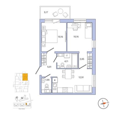 48,5 м², 2-комн. квартира, 1/9 этаж