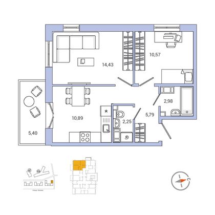 48,7 м², 2-комн. квартира, 1/9 этаж