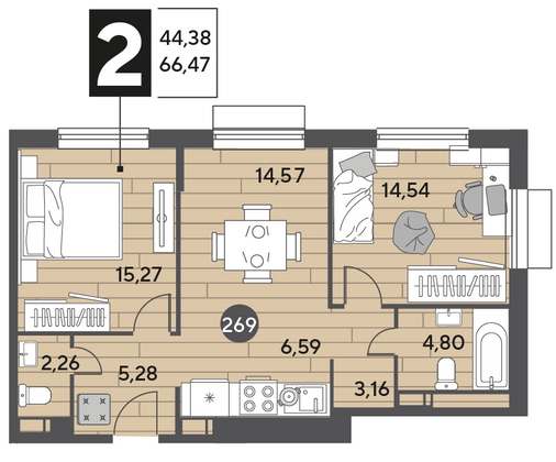 Продажа 2-комнатной квартиры 66,5 м², 12/12 этаж