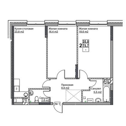 Продажа 2-комнатной квартиры 75,7 м², 2/24 этаж