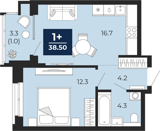 38,5 м², 1-комн. квартира, 2/19 этаж