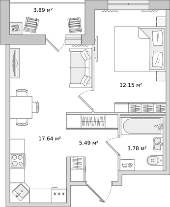 43 м², 1-комн. квартира, 12/17 этаж