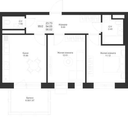 56 м², 2-комн. квартира, 4/4 этаж