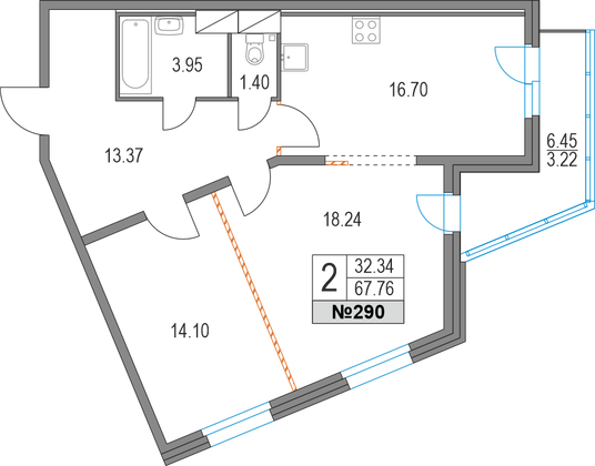 67,8 м², 2-комн. квартира, 3/19 этаж