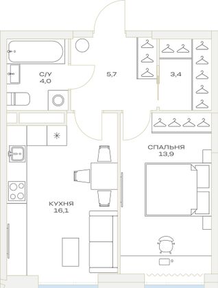 Продажа 1-комнатной квартиры 43,1 м², 8/23 этаж