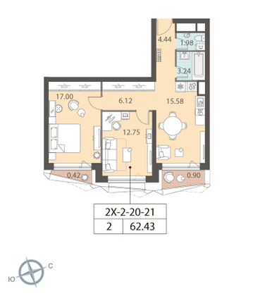 Продажа 2-комнатной квартиры 62,4 м², 21/22 этаж