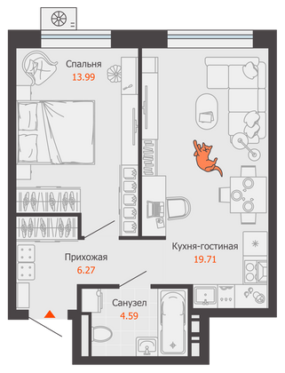 Продажа 1-комнатной квартиры 45 м², 5/7 этаж