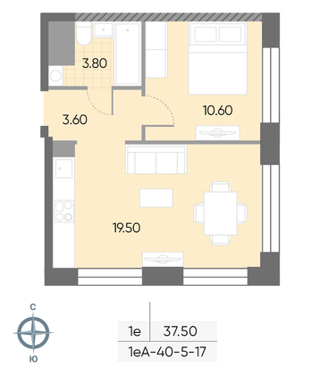 Продажа 1-комнатной квартиры 37,5 м², 17/30 этаж