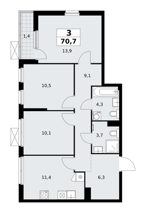 70,7 м², своб. планировка, 4/11 этаж