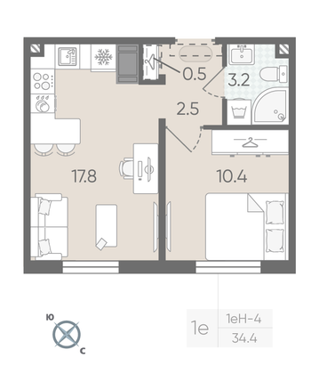 Продажа 1-комнатной квартиры 34,4 м², 5/22 этаж