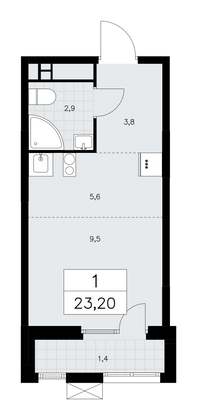 23,2 м², своб. планировка, 12/18 этаж