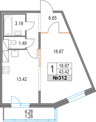 43,4 м², 1-комн. квартира, 6/19 этаж