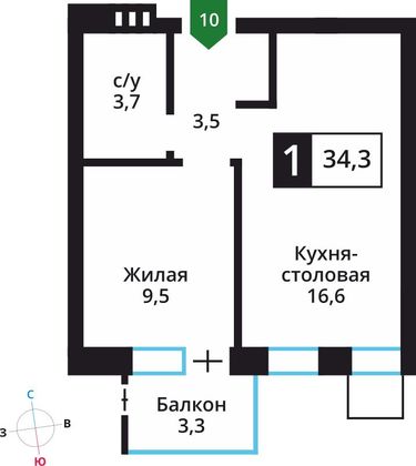 Продажа 1-комнатной квартиры 34,3 м², 3/6 этаж