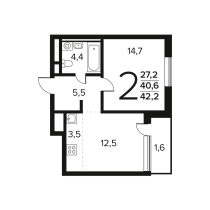 Продажа 2-комнатной квартиры 42,2 м², 9/9 этаж