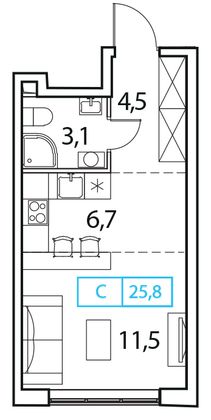 25,8 м², студия, 15/18 этаж