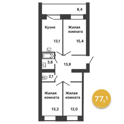 Продажа 3-комнатной квартиры 77,4 м², 8/11 этаж