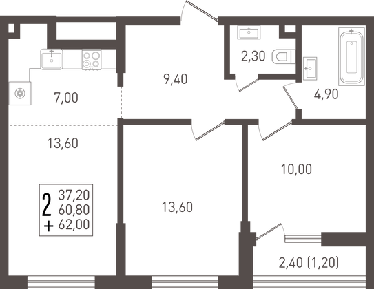 62 м², 2-комн. квартира, 1/8 этаж