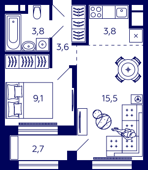 37,1 м², 1-комн. квартира, 26/32 этаж