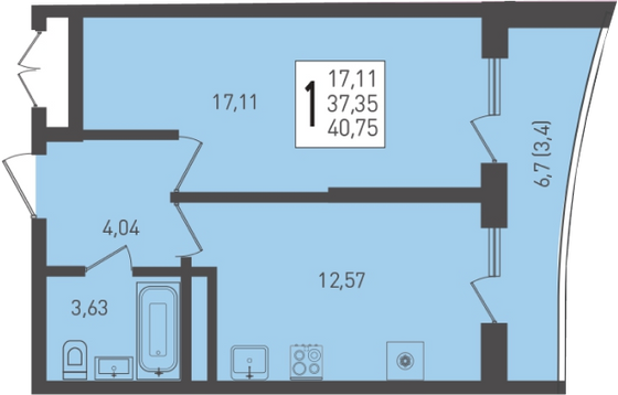 40,8 м², 1-комн. квартира, 23/24 этаж