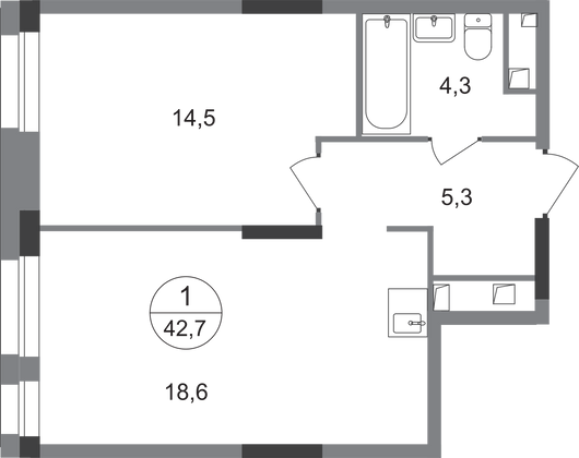 42,7 м², 1-комн. квартира, 2/19 этаж