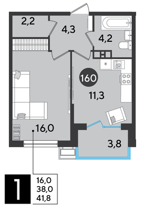 Продажа 1-комнатной квартиры 41,8 м², 3/9 этаж