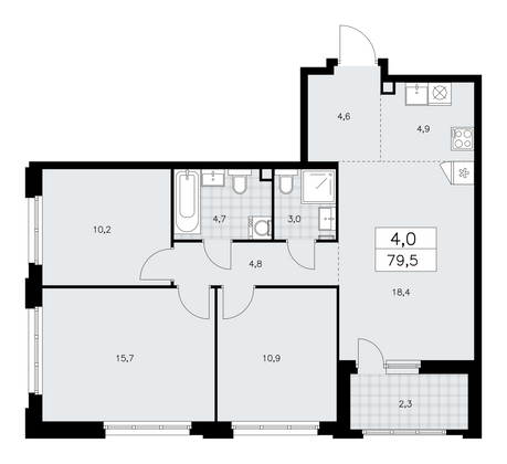 79,5 м², 4-комн. квартира, 2/16 этаж