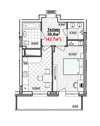 Продажа 1-комнатной квартиры 42,7 м², 15/19 этаж