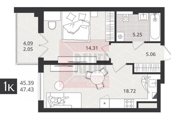 Продажа 1-комнатной квартиры 45,4 м², 1/4 этаж