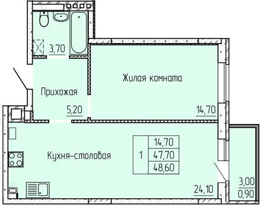 Продажа 1-комнатной квартиры 47,8 м², 2/4 этаж